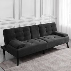 New Modern Futon Sofa Bed, Velvet Foldable Couch Reclining Sleeper w/Removable Armrests, Upholstered Loveseat w/Folding Cup Holders for Home, Office, 