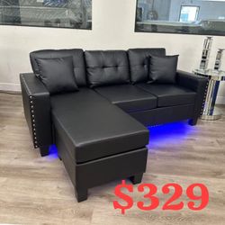 Modern Black / Gray Velvet Reversible Sectional Sofa Chaise with LED Light,USB Port,Nailhead Trim,Throw Pillows,Tufted Cushion  // Limited Time Offer 