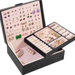 Jewelry Organizer Box, PU Leather Jewelry Boxes Necklaces Rings Earrings Holder Organizer Storage Case Double Layer Display Earrings Organizer Box Ele