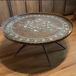 Vintage Moroccan Brass Tray Coffee Table with Folding Spider Leg Base