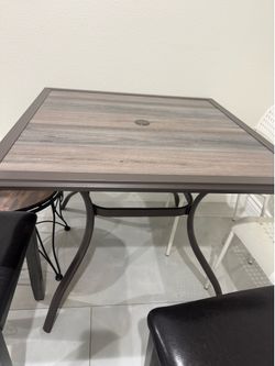 Anmutig Outdoor Dining Table with Square Wooden-Like PVC Table Top and Umbrella Hole for Bistro, Garden, Poolside, Backyard -Laminated Top Black Metal
