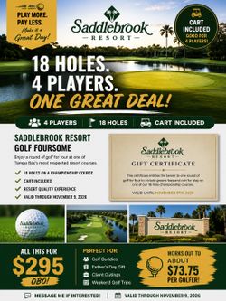 Saddlebrook Resort Golf Foursome Certificate – 4 Players + Cart Included