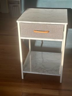 White Marble-Top Nightstand with Fabric Drawer