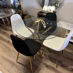 Dining Table Set For 4 Gold Glass Velvet Chairs 