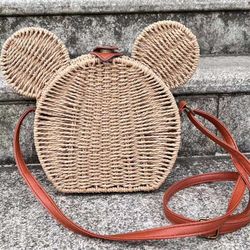 Mickey Mouse Rattan Straw Shoulder Crossbody Bag Purse Cute Women