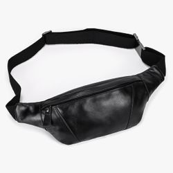 Men's Leather Waist Bag Multiple Pockets Slim Fanny Pack Adjustable Belt bag for Outdoor Running Hiking and Travel (Black)