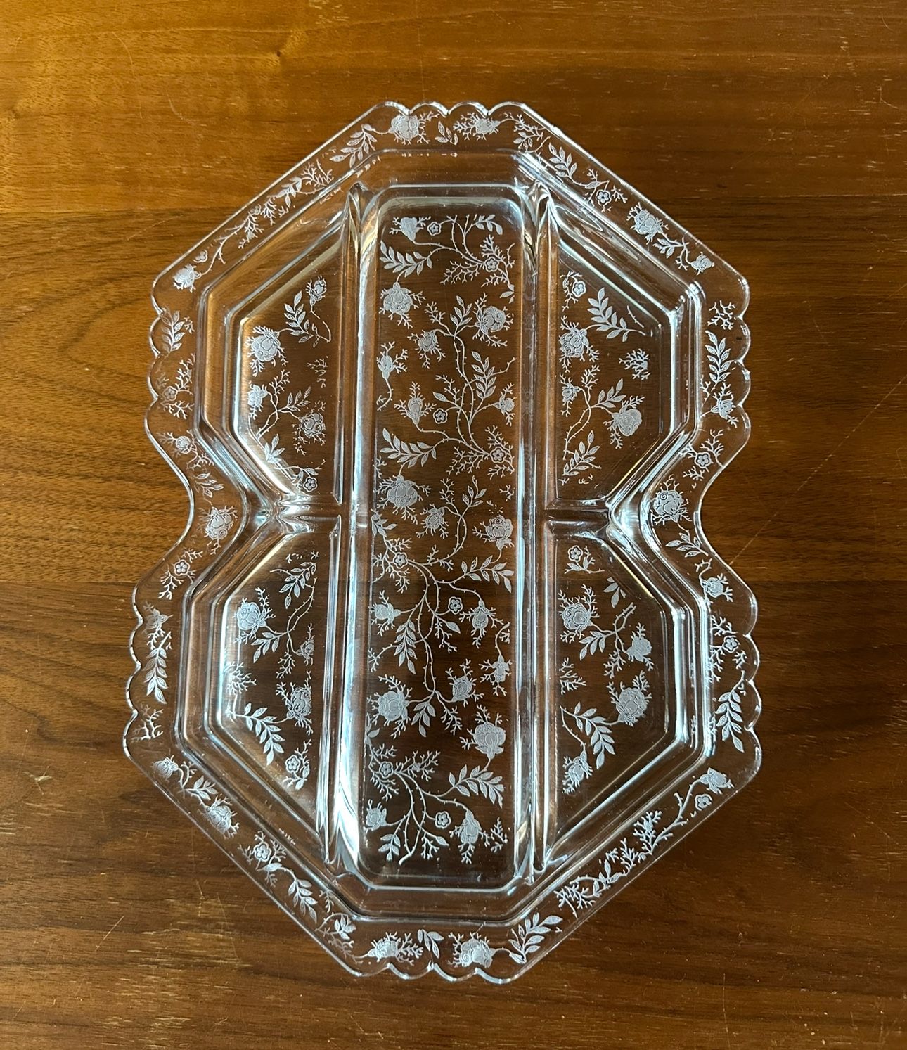 MCM Vintage 1940s Fostoria Glass Co Midnight Rose Etched Glass Octagonal Tray