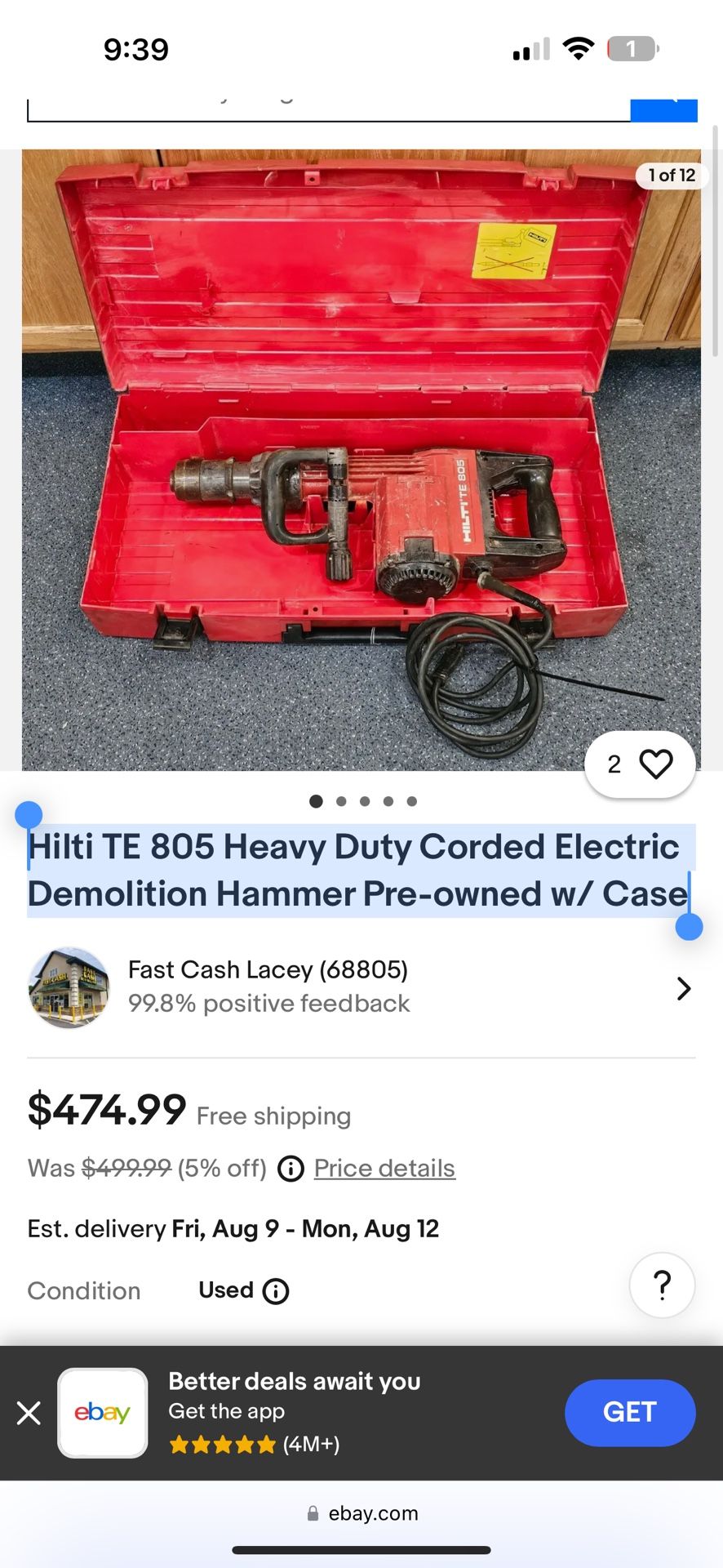 Hilti TE 805 Heavy Duty Corded Electric Demolition Hammer Pre-owned w/ Case