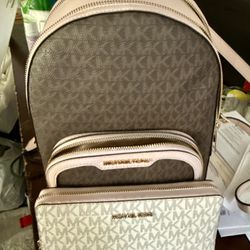 Michael Kors Medium Jaycee Zip Packet Backpack Brown/Light Pink & Wallet 