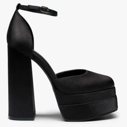 Closed Toe Block Black Satin Heels 