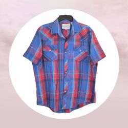 atb Authentic Western Wear Blues, Reds Plaid Pearlized Snaps Shirt Men 16.5” Neck 