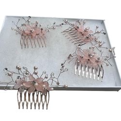 4 rose gold tone floral bridal hair combs with rhinestones and pearls