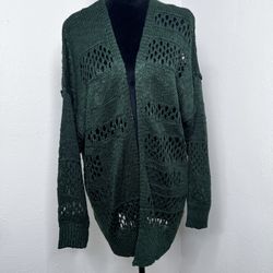 GRECERELLE Cárdigan-Crochet Elegant Green Knit Sweater Sz:L