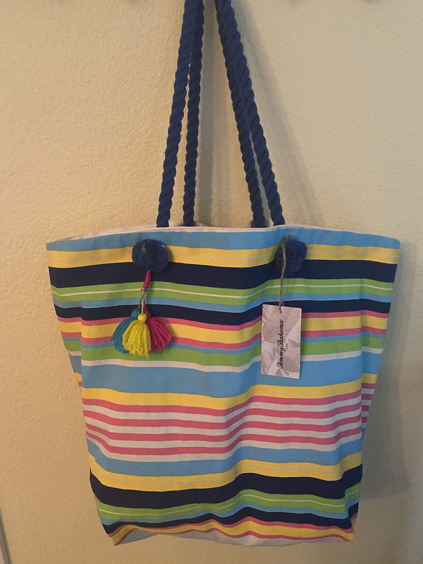Tommy Bahama Top Handle Tote Beach Resort Bag Colorful Stripes 100%Cotton New With Tag