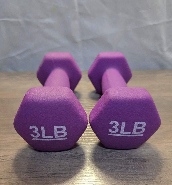 Hexagon Shaped Neoprene Coated Dumbbells, Purple, 3 Lb, Pair (see details)