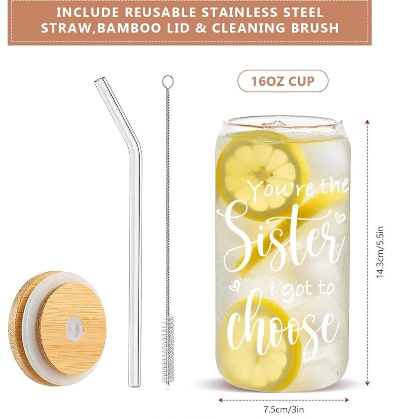 Brand New 16oz Glass w/Lid & Straw Gift For Sister Or Friend