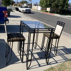 High Steel Table And Two Chairs With Clear Glass Top 