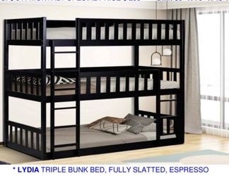 Triple bunk bed. Available in white & espresso. Assembly required. Assembly not included. Taxes included. Free delivery.  Bunk bed only-$450 Bunk bed 