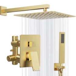 Gold Shower System, 10'' Square Rainfall Shower Head With Handheld Combo Spray, Bathroom Brushed Gold Shower Faucet Set With Valve, 59'' Shower