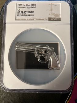2023 2oz Chad Revolver High Relief Gilt Silver Coin NGC MS70