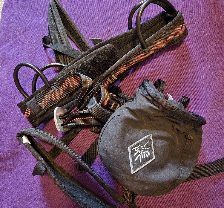 Black Diamond Rock Climbing belt and prana chalk bag