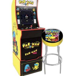 ARCADE1UP MINI PAC-MAN ARCADE CABINET WITH RISER, STOOL, AND LIGHT UP MARQUEE