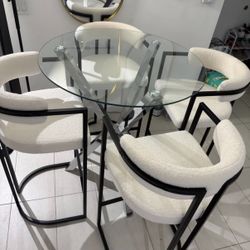 Modern glass top dining table with Upholstered Bar Stools w/ Armrests & Footrests