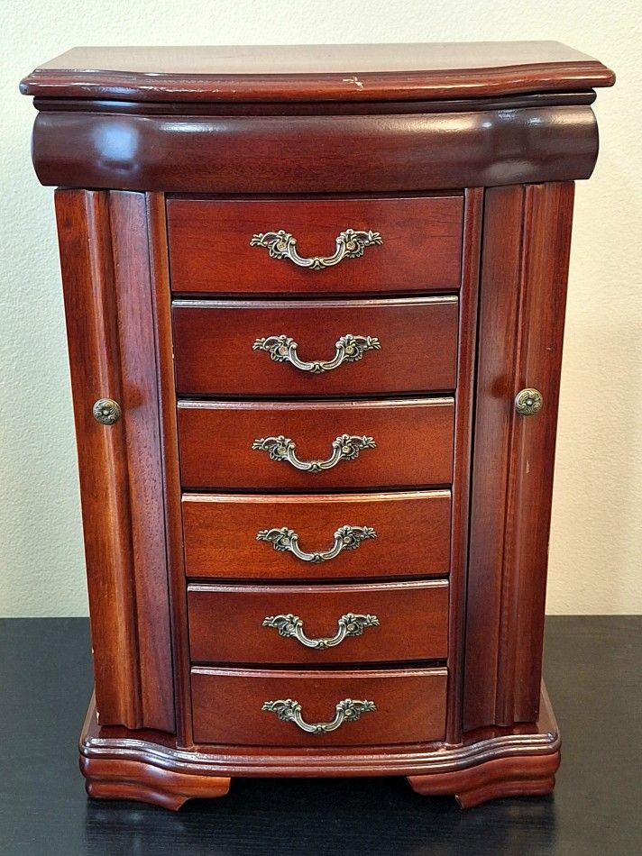 WOODEN JEWELRY BOX ARMOIRE WITH MIRROR & DRAWERS