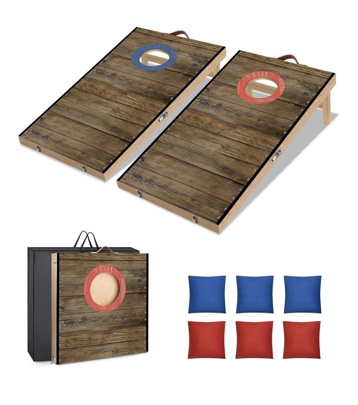 Portable Cornhole Board Set 2 ft x 1 ft Cornhole Set with 6 Bean Bags Foldable Dark Wood New