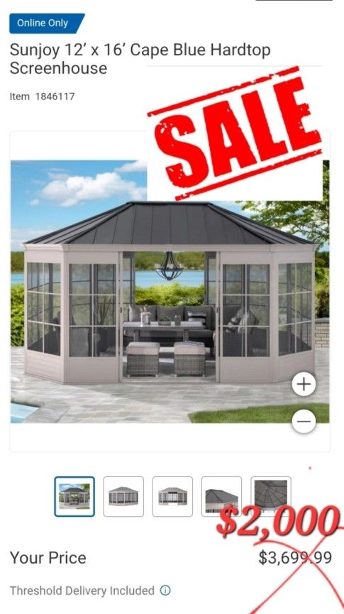 Sunjoy 12’ x 16’ Cape Blue Hardtop Screenhouse $2,000