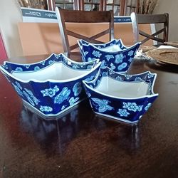 Vintage Bombay Co Blue & White Chinisiorie 3 Square Stacking Serving Bowls ..