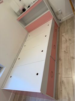 Pink twin kids platform bed with memory foam mattress