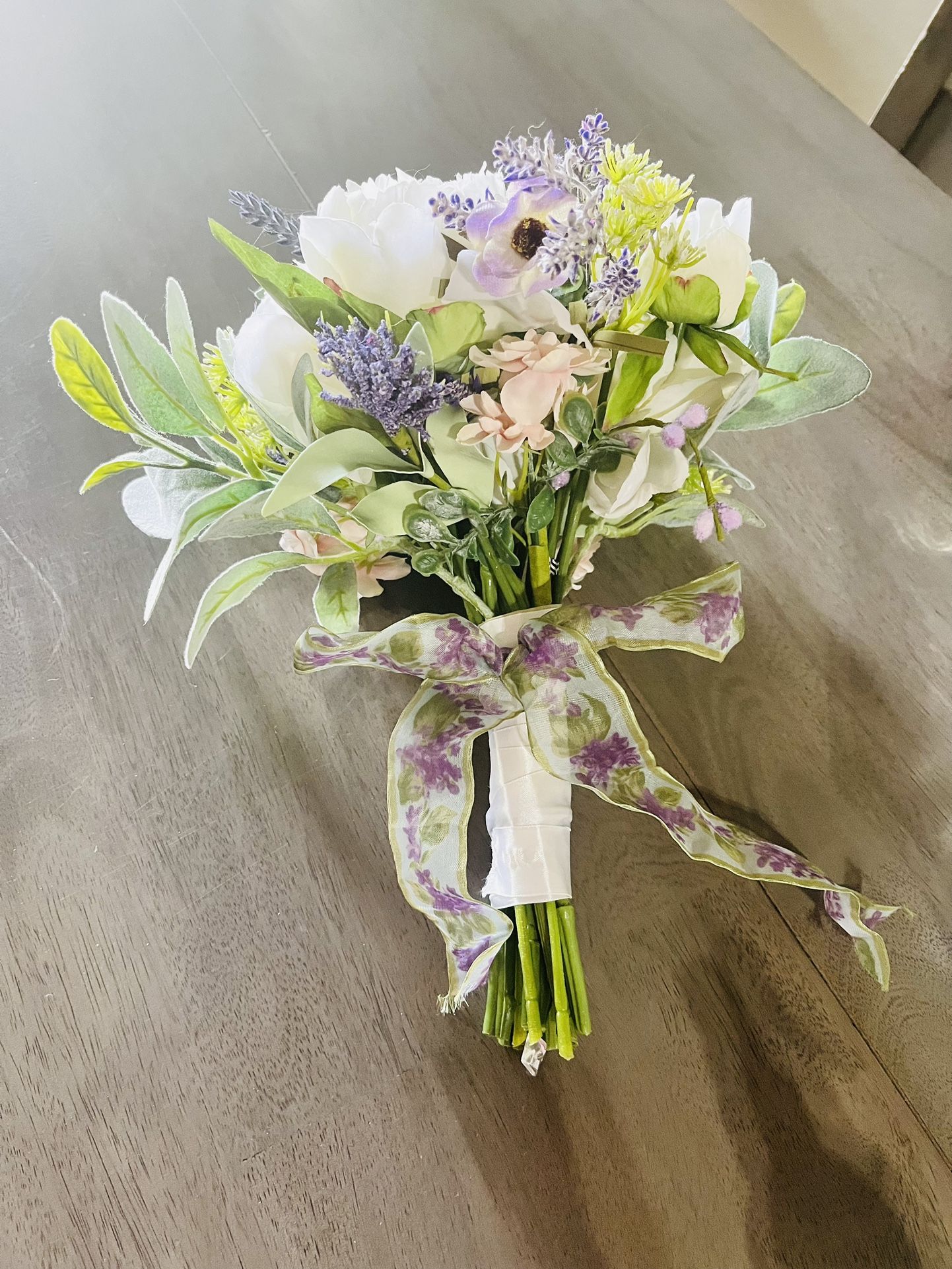 Handmade Faux Flower Lavender White Natural Looking Floral Bridal Wedding Bouquet For Bride