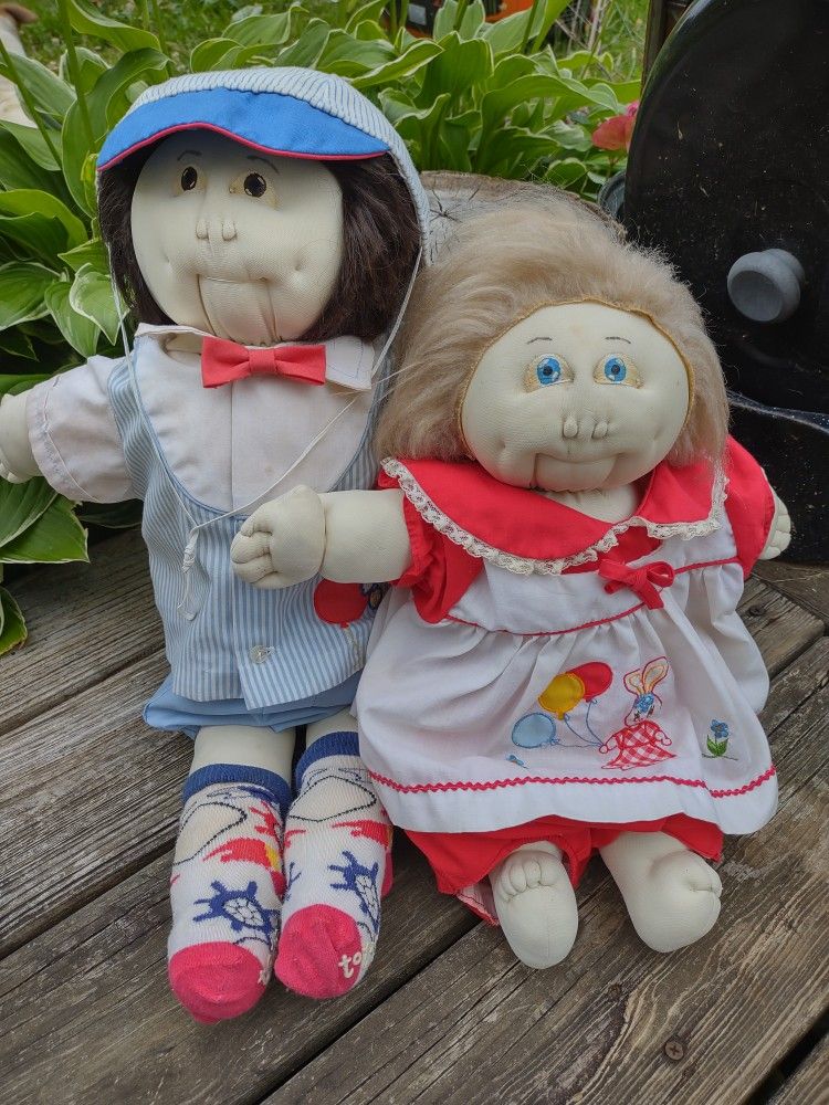 Vintage Handmade Cabbage Patch Dolls Brother Brown Eyes 22' Sister Blue Eyes 17'