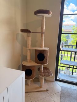 Tall Cat Tree for Indoor Cats brown natural wood- 2 beds & two condos