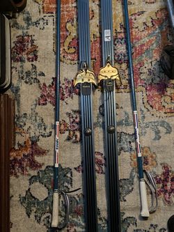 Old School … 3 Pin….. cross country skis and poles