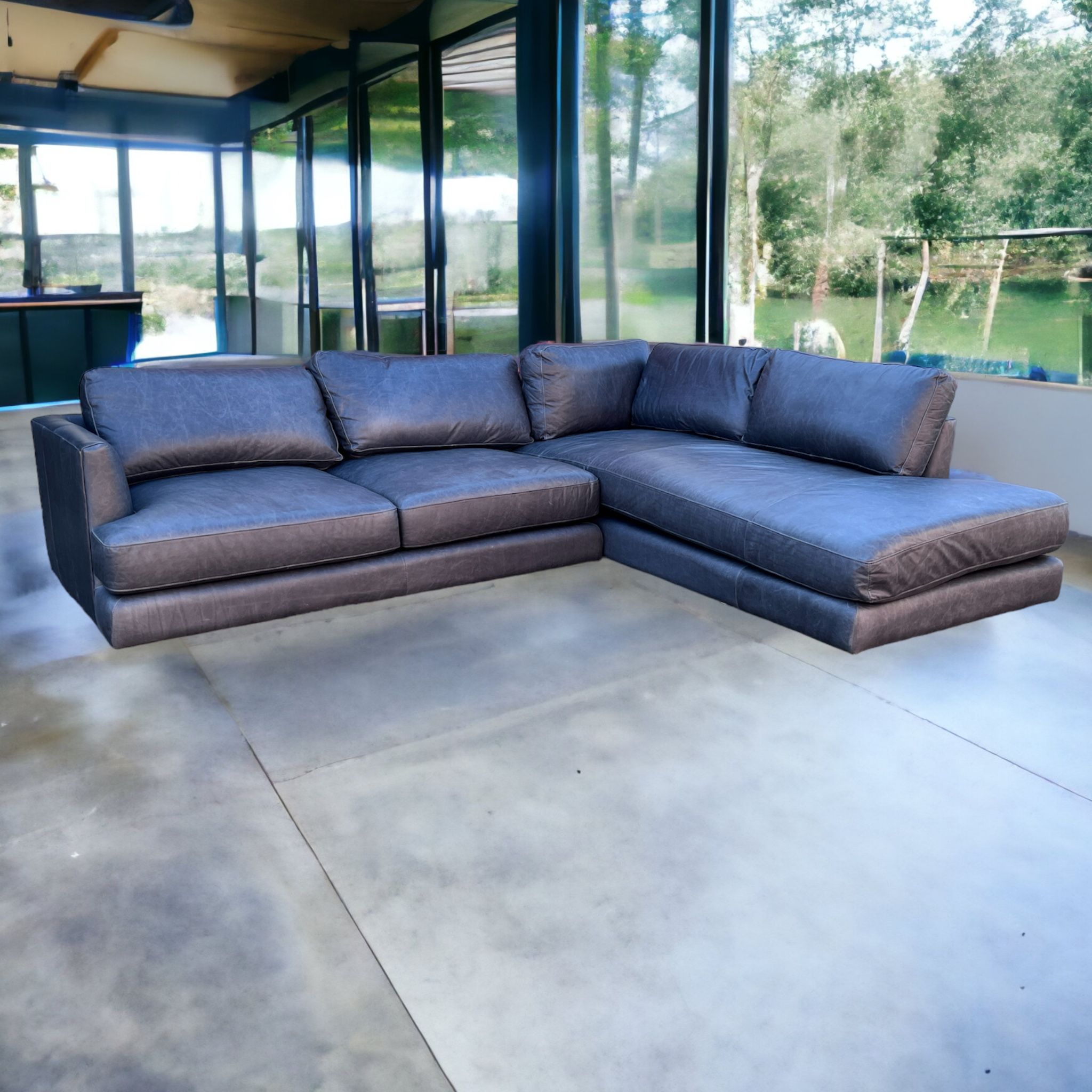 West Elm Haven Navy Ludlow Leather 2-Piece Bumper Chaise Sectional (108" x 89”) FREE DELIVERY
