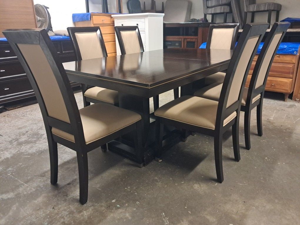 Dark Espresso / Beige Leather Dining Room Table Set