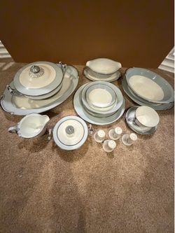 Seyei Japan Fine China #398 12 piece set Blue Cream Silver Trim