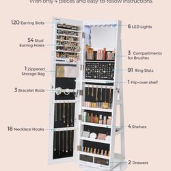 Lockable Mirror Jewelry Cabinet (360° Swivel) – White