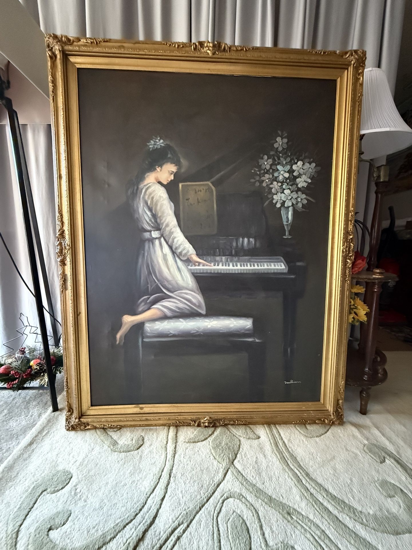 Oil painting of a lady playing the piano