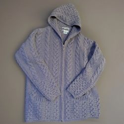 VTG Aran Crafts Ireland Women Cardigan Sweater Sz Medium Gray Merino Wool Hood & Zip