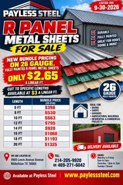 Bundle of 25 pcs of 20ft  R panel metal sheets,  26 gauge fully painted