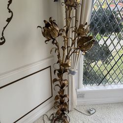 Hollywood Regency Gilt Metal Lotus Flower Floor Lamp 63"