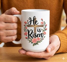 Brand New "He Is Risen" Premium Ceramic Christian Mug (15 oz, White)