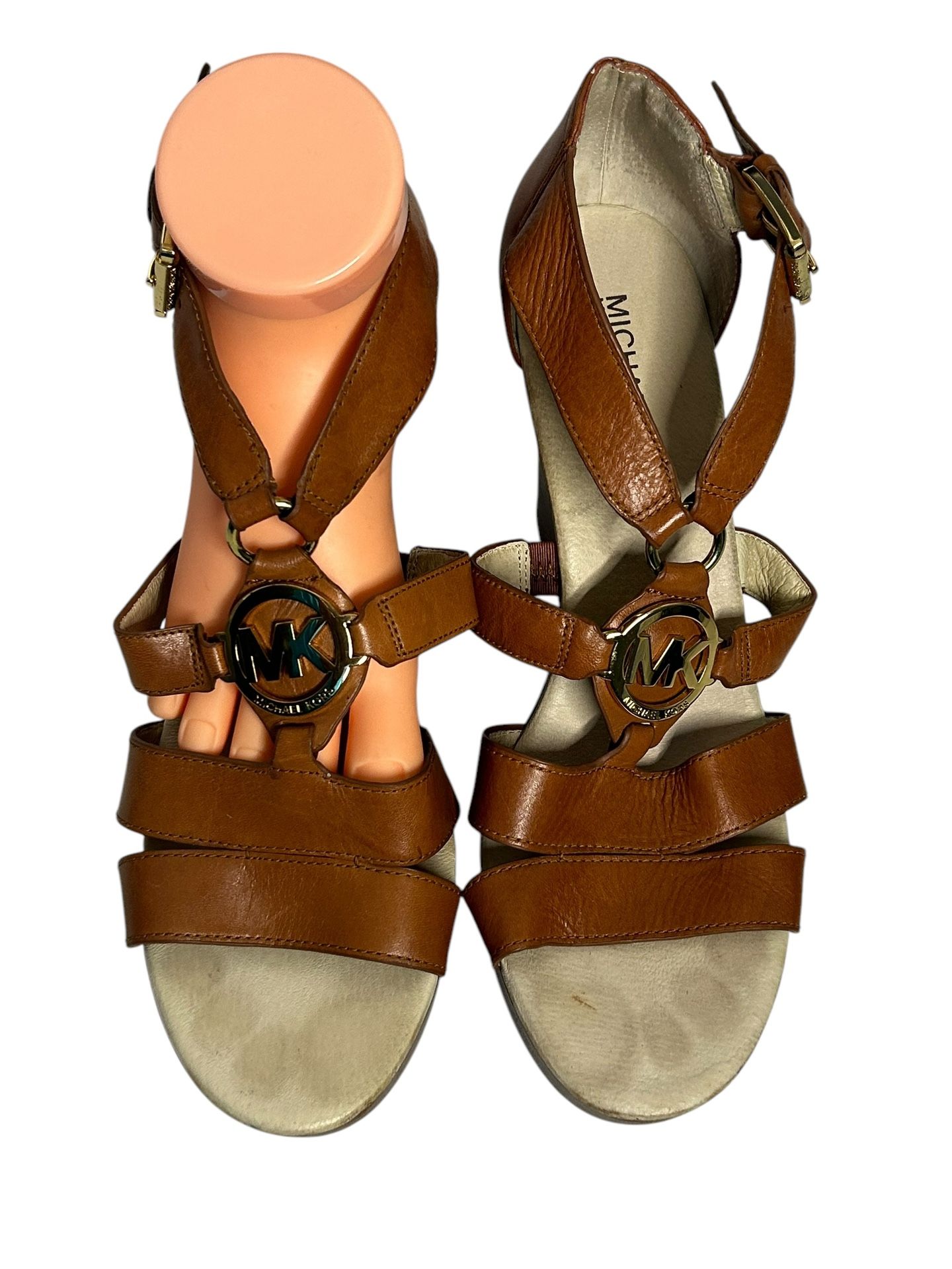 Michael Kors Tan Leather Wedge Sandals with Signature Logo Size 11M