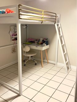 Loft bed | Kids | Metal w/guard rail, white & gold