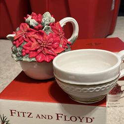 Fitz & Floyd Poinsettia Santa Tea for One Set - New In Box