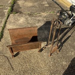 Antique Vintage Fireplace Wood Holder Hand, Forged Tools, Poker Shovel, Cast Iron?