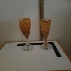 Hand-blown brown & white swirl stemmed glasses, heavy freeform